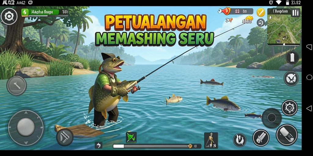 Screenshot dari gameplay AA62 menunjukkan aksi memancing yang seru dan mendebarkan.
