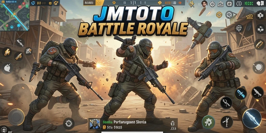 Screenshot utama JMTOTO menampilkan aksi mendebarkan di medan tempur Battle Royale.