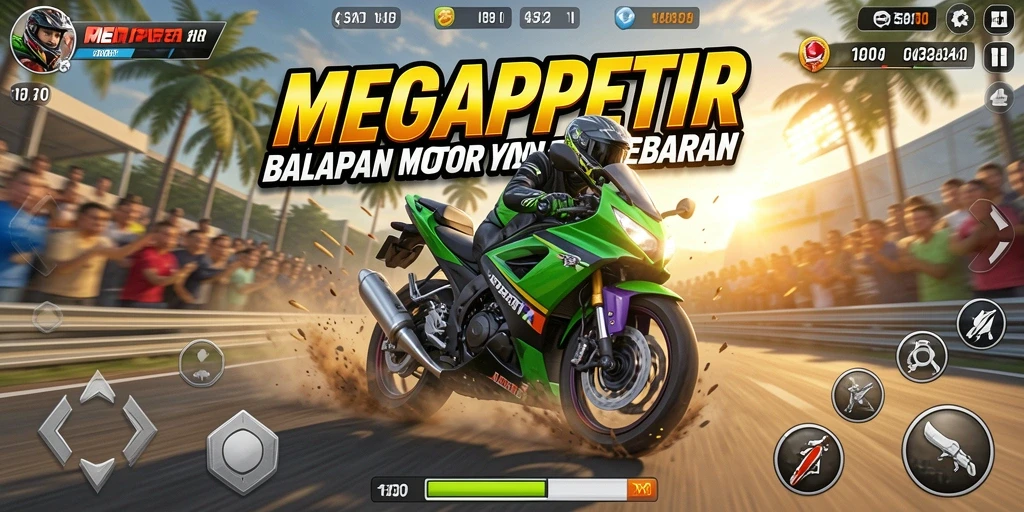 Screenshot gameplay MEGAPETIR menampilkan aksi balapan yang mendebarkan.