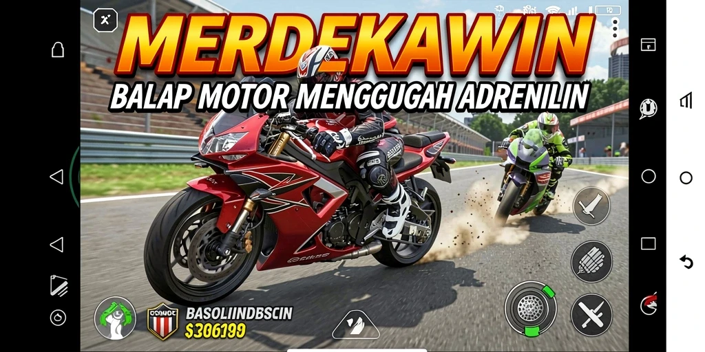 Screenshot gameplay <strong>MERDEKAWIN</strong> menunjukkan aksi balapan yang mendebarkan.