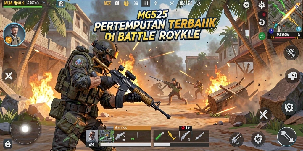 Screenshot gameplay MG525 menunjukkan aksi mendebarkan di medan pertempuran Battle Royale.