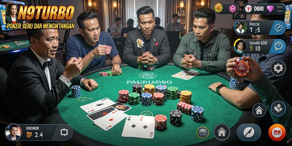 Screenshot gameplay N9TURBO yang memperlihatkan aksi poker yang mendebarkan.
