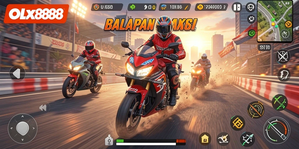 Tangkapan layar OLX888 menampilkan balapan motor yang mendebarkan dan menantang.