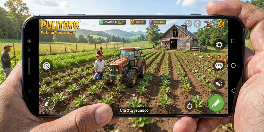 Screenshot gameplay PULITOTO menampilkan petani merawat tanaman di ladang.