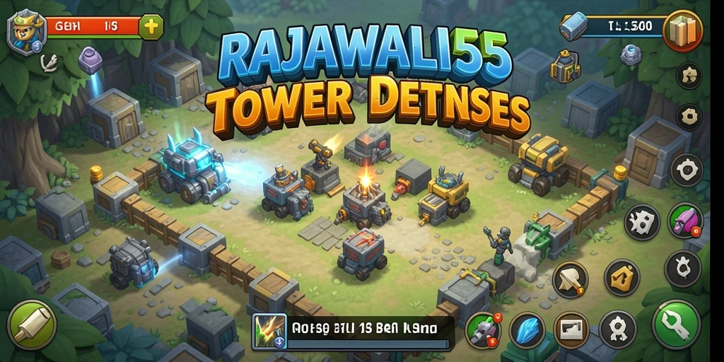 Screenshot dari gameplay RAJAWALI55 menunjukkan menara bertahan melawan musuh.