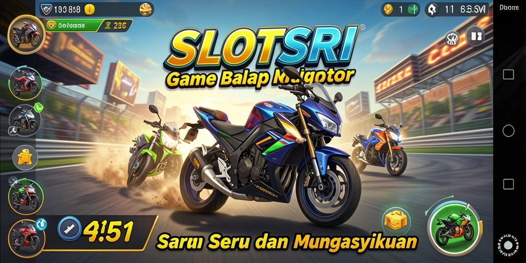 Screenshot gameplay SLOTSRI menampilkan balapan motor yang seru dan mendebarkan.
