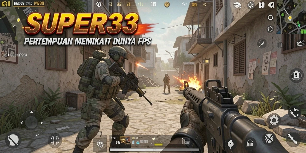 Tangkapan layar gameplay SUPER33 menampilkan aksi tembak-menembak yang intens.