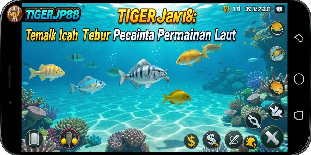 Tampilan gameplay seru dalam TIGERJP88 dengan berbagai ikan berwarna-warni.