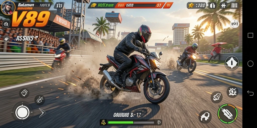 Screenshot V89 menunjukkan balapan motor yang mendebarkan dan grafis yang mengesankan.